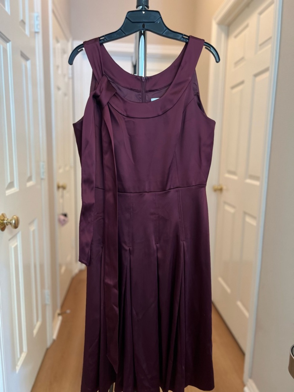 Calvin Klein Sleeveless Wine Satin A-Line Dress with Side Tie (Prom, Graduation)
